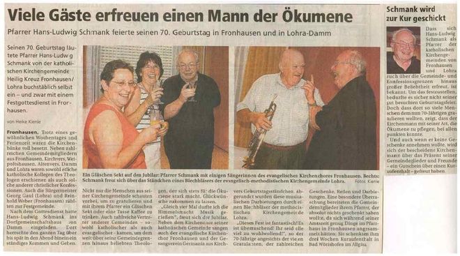 70. Geburtstag Pfarrer Schmank - Oberhessische Presse. 6.8.2009